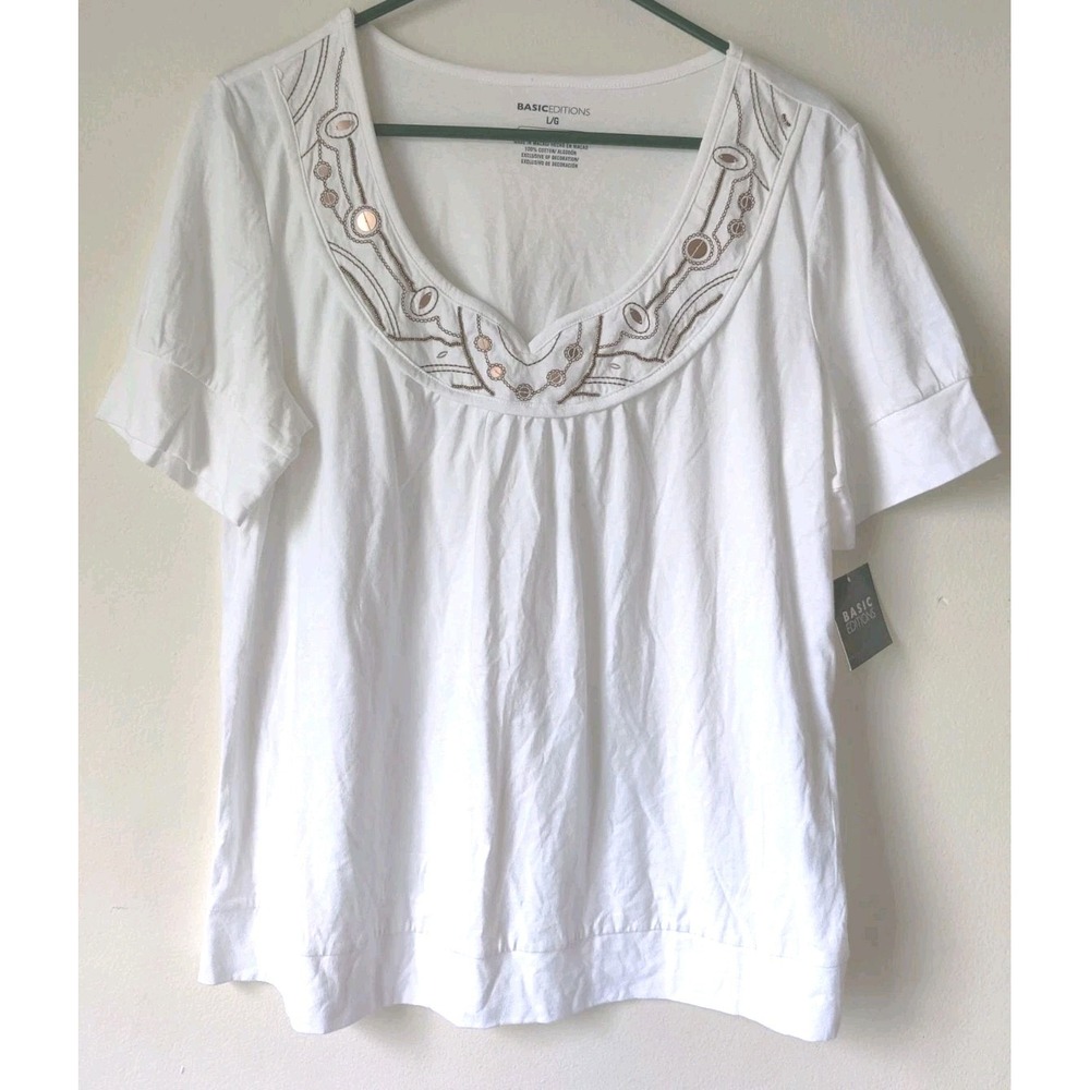 Basic Editions Women's White Short Sleeve T-Shirt Scoop Neck Size L NWT Vintage